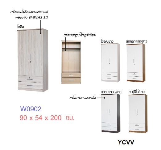 ตู้เสื้อผ้า 90 ซม.หน้าบานขาว ลิ้นชักนอก