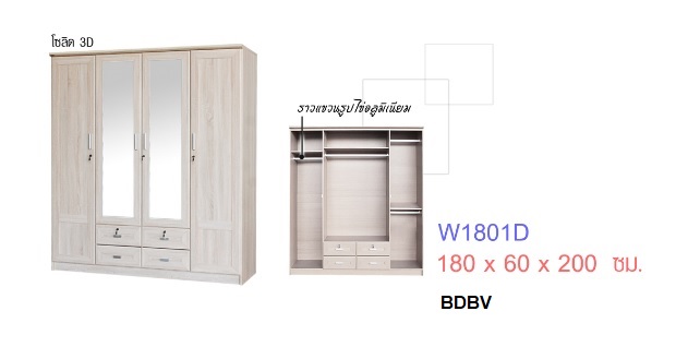 ตู้เสื้อผ้า 180 ซม. 4 บาน ลิ้นชักนอก ตู้เสื้อผ้า 180 ซม. 4 บาน ลิ้นชักนอก